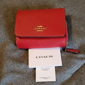 Coach Scarlet Leather Wallet with Gold Details